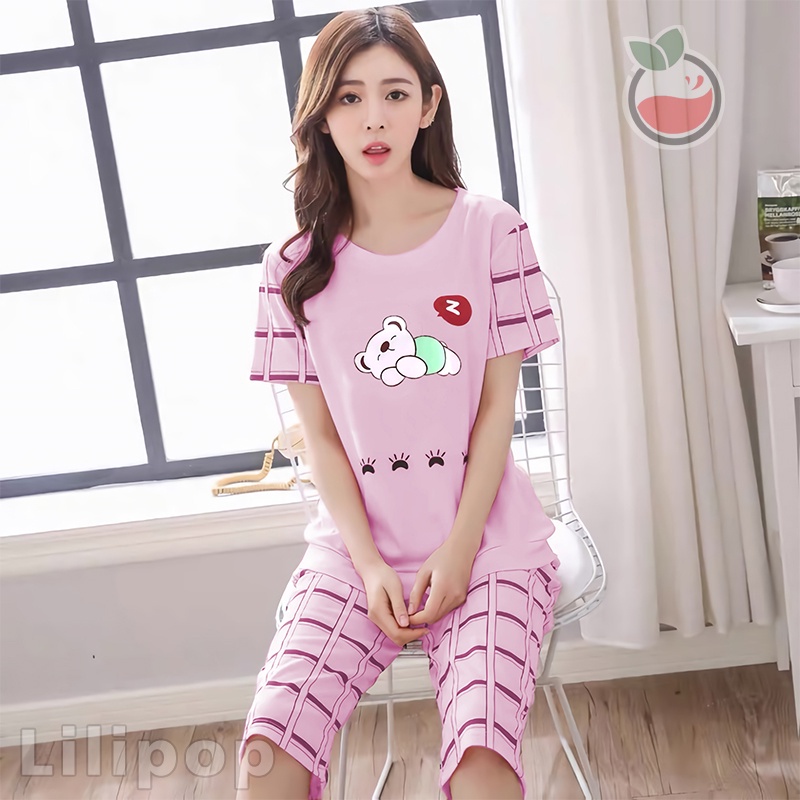 Lilipop.id  Baju Tidur Wanita 3/4 ALL SIZE STANDAR Sleep Bear Setelan Piyama BabyDoll Kaos Celana Pendek