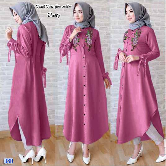 Tunik twis flow-atasan muslim wanita-long tunik motif bunga-fashion hijab looks terbaru-baju muslim