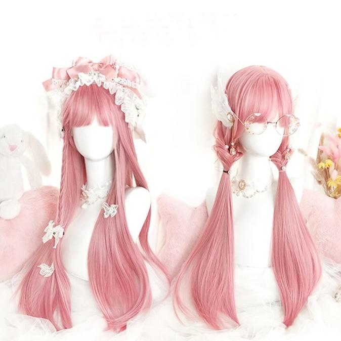 Wig Warna Pink Smooth Rambut Palsu Panjang Lurus Berponi Cosplay R010