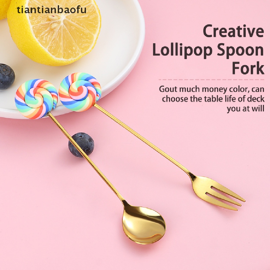 Sendok Garpu Buah / Teh / Kopi Bentuk Lollipop Bahan Stainless Steel