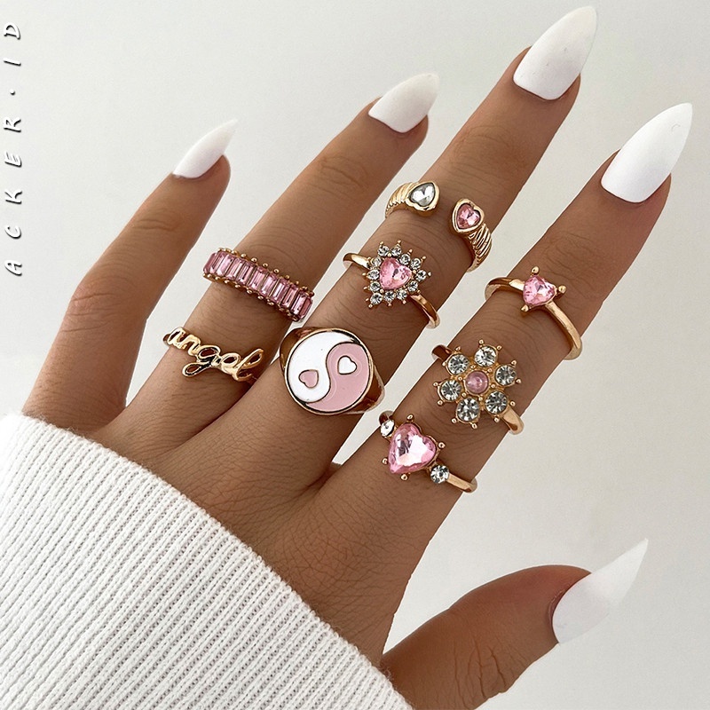 8pcs / Set Cincin Desain Bunga Tulisan Love Aksen Berlian Penuh Warna Pink Untuk Wanita