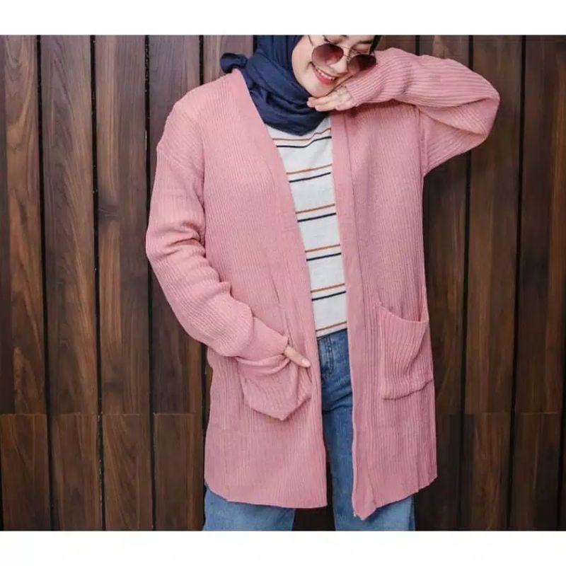 Cardigan panjang rajut dua saku all size-Dusty