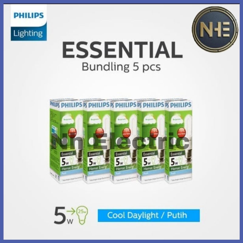 Lampu Philips Essential 5W Watt Putih CDL E27 - Esst 5 Watt Philips White 220V SNI Bundling 5 Pcs