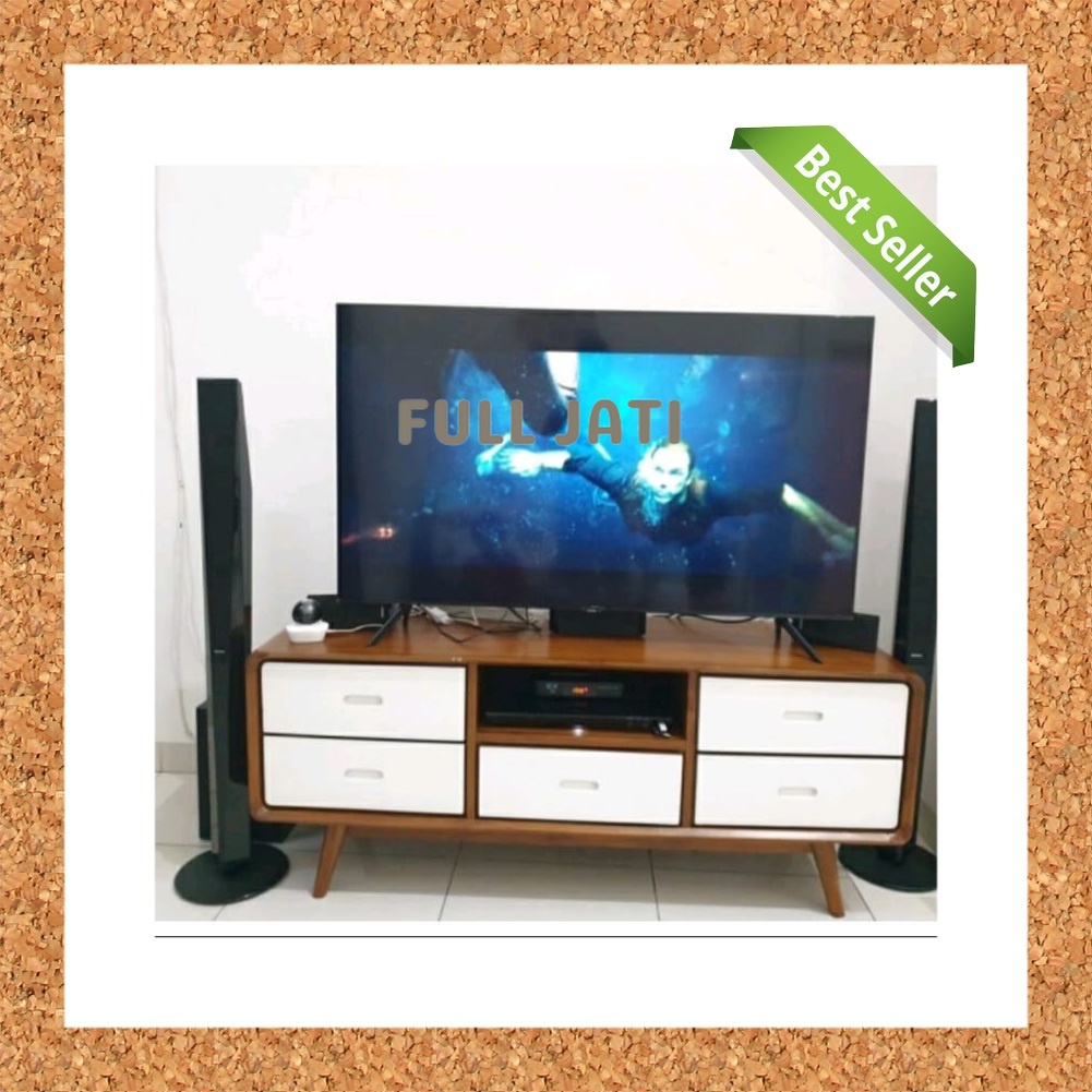 Meja TV Minimalis Bahan Kayu Jati Laci 5 Putih Murah FULL JATI