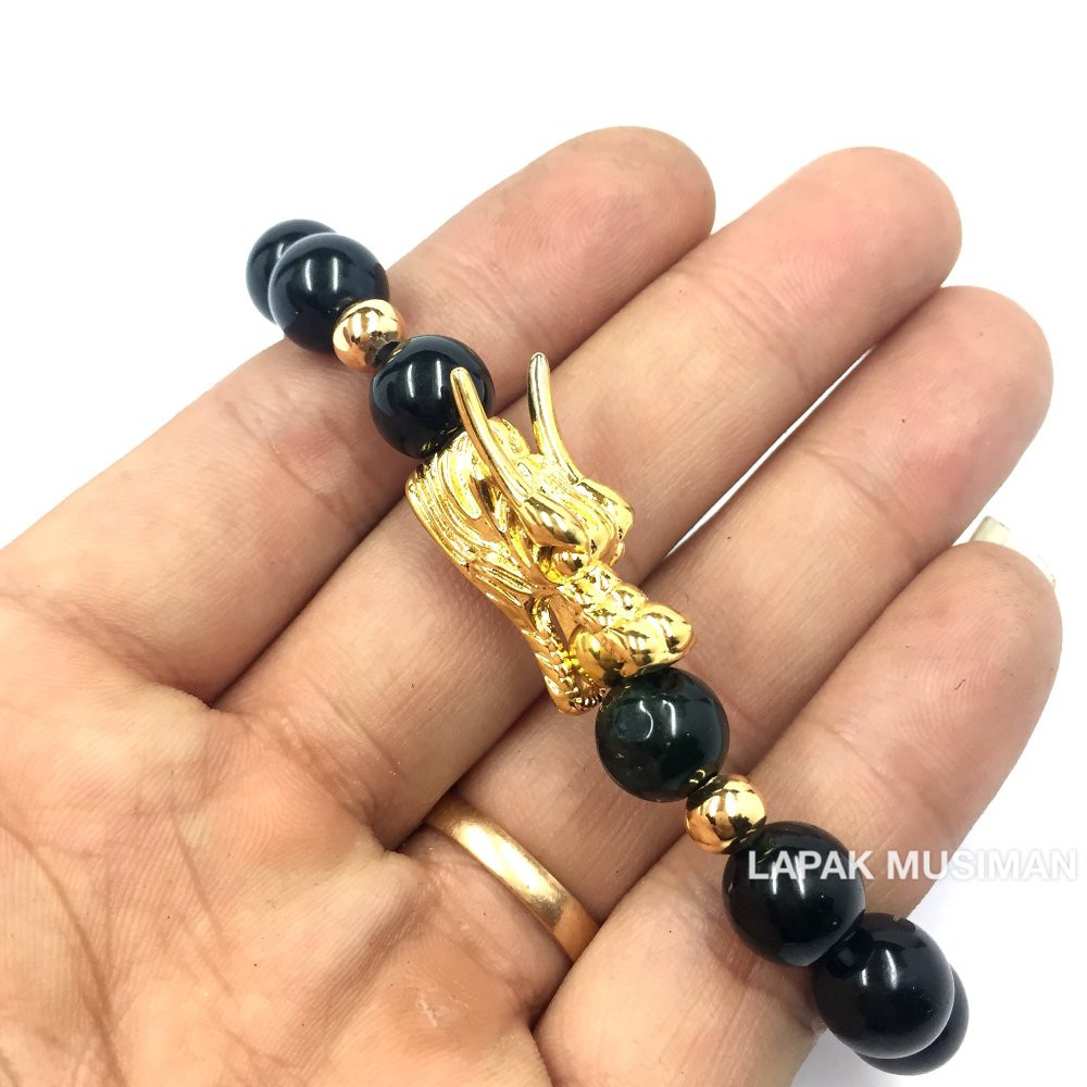 [Bayar di Tempat] GELANG BATU GIOK HITAM BLACKJADE NAGA EMAS ASLI NATURAL