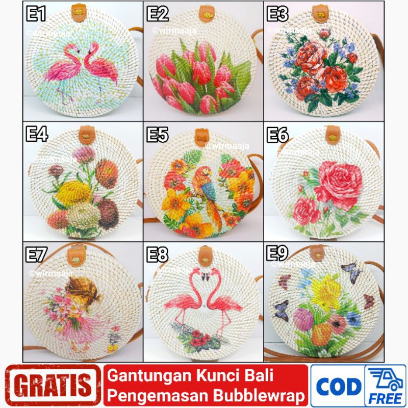 Tas Rotan Bulat Original motif Decoupage Kualitas Super