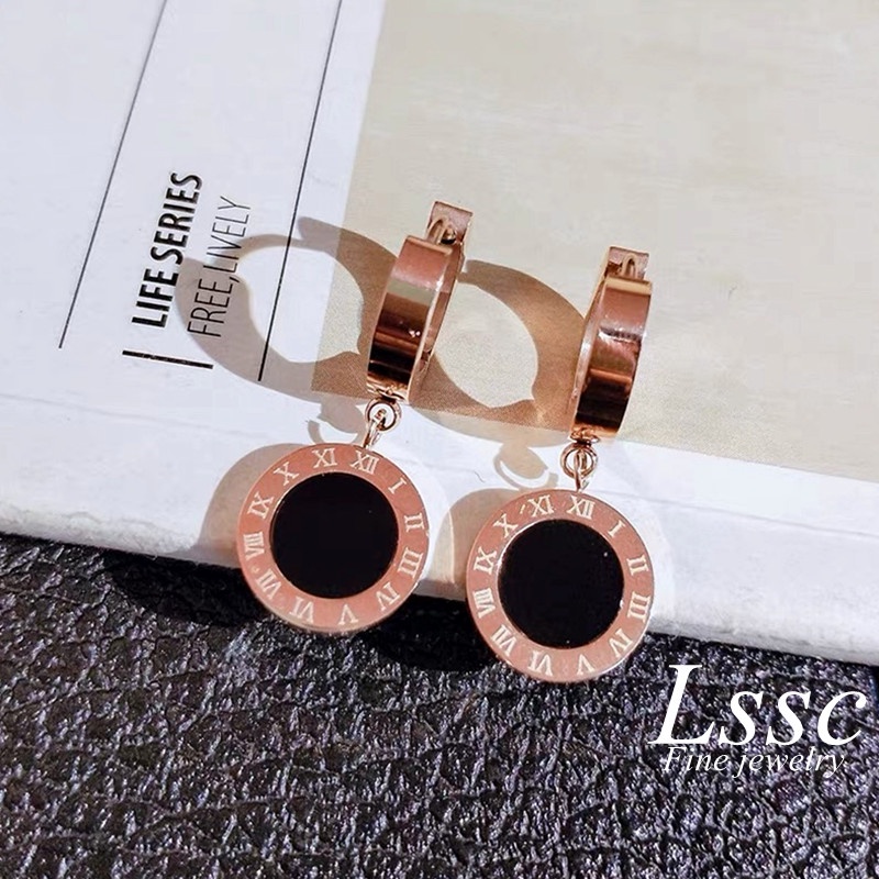 Anting Titanium Anti Karat Angka Romawi Korea Perhiasan Aksesoris Wanita