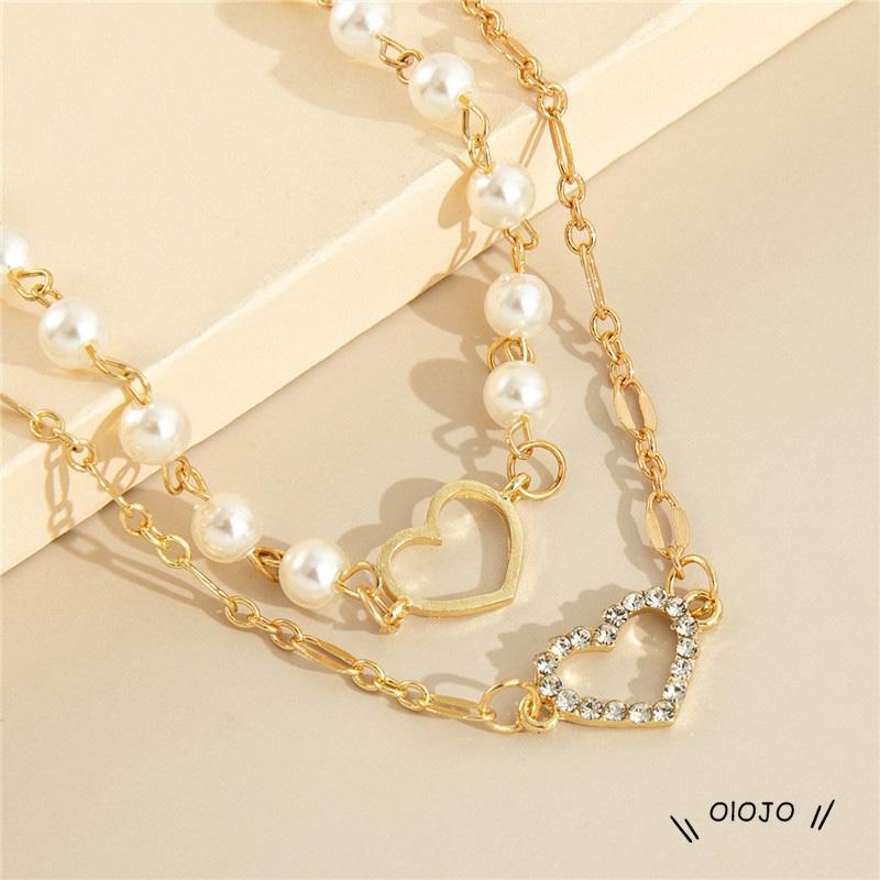 Kalung Rantai Liontin Hati Hollow Hias Mutiara + Berlian Imitasi Gaya Retro Untuk Wanita - ol2