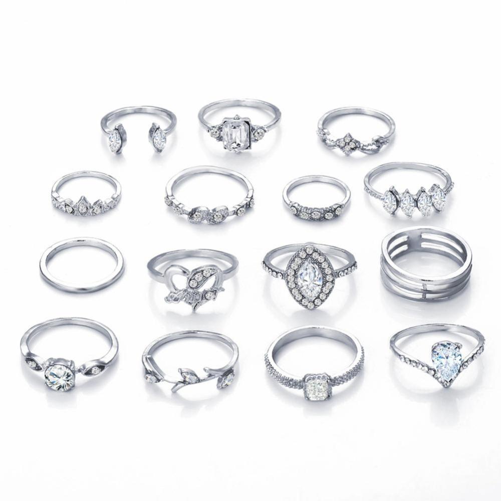 Timekey 15pcs / set Cincin Desain Geometri Hollow Hias Batu Permata Gaya Bohemian Untuk Wanita A5K7