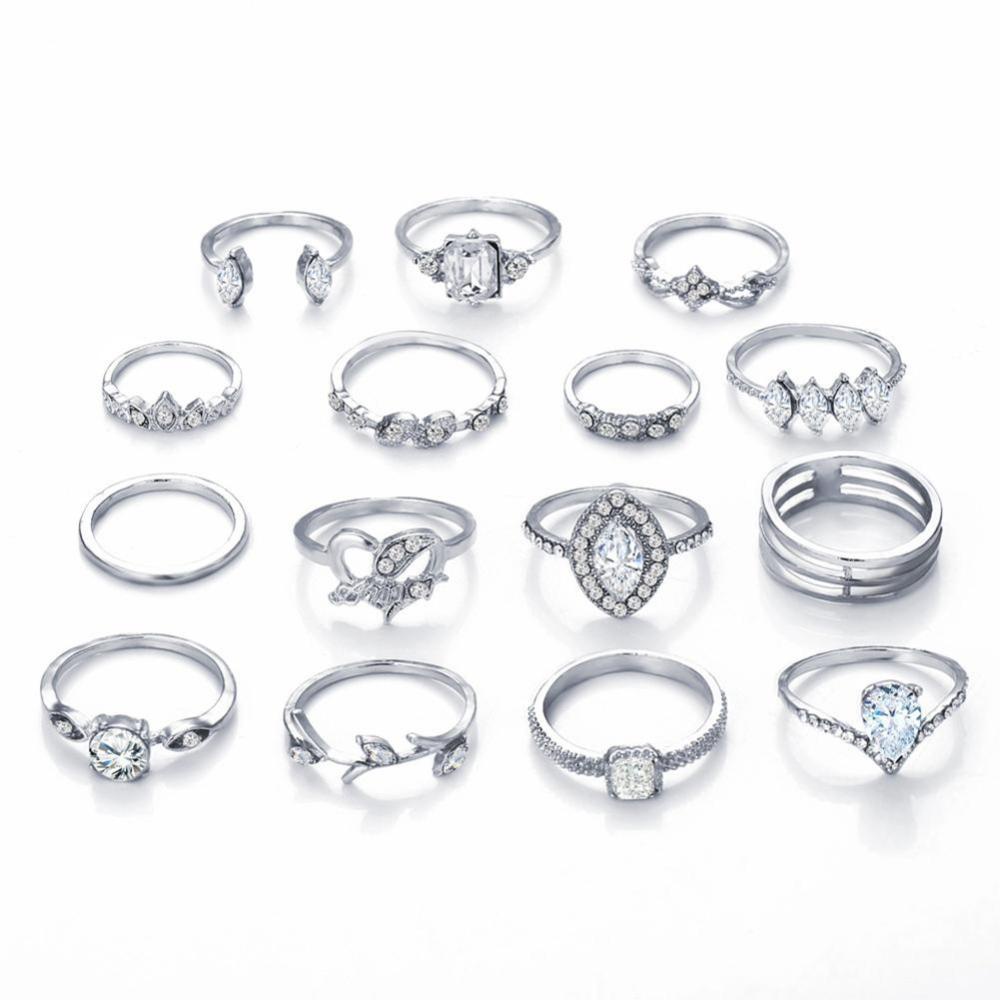 Timekey 15pcs / set Cincin Desain Geometri Hollow Hias Batu Permata Gaya Bohemian Untuk Wanita A5K7