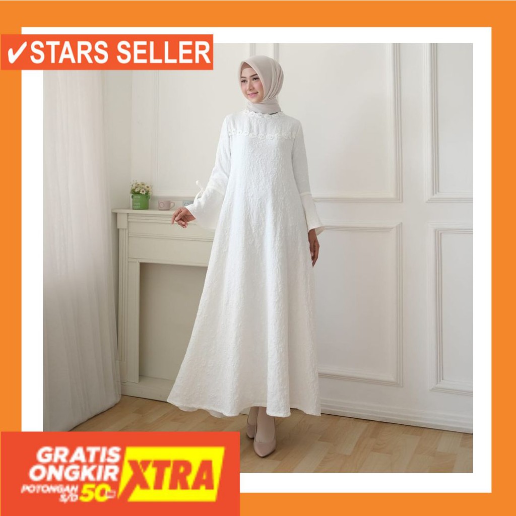 MODEL BARU TERKINI KOREA PANJANG PENDEK HALUS MURAH LEBARAN / AGNES Baju Gamis Putih Wanita /