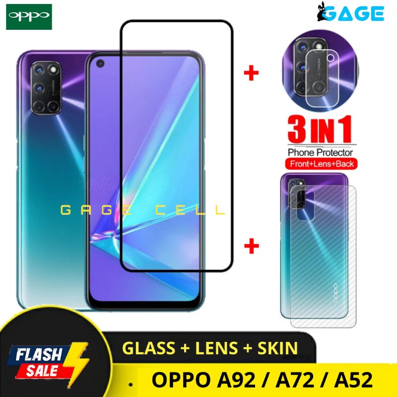 PAKET 3IN1 TEMPERED GLASS LAYAR KAMERA SKIN CARBON OPPO A52 A72 A92 TG ANTI GORES FULL SCREEN