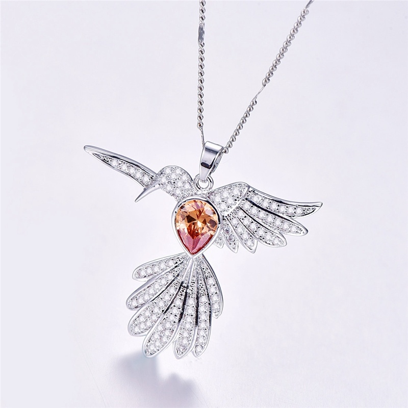 Kalung Rantai Sterling Silver 925 Dengan Liontin Burung Kolibri Hias Kristal / Berlian Pink Untuk Wanita