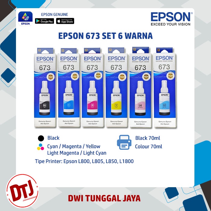 Tinta Epson Botol L800 Set (6 Warna; Black, C, M, Y, LC &amp; LM) (T673 Series)