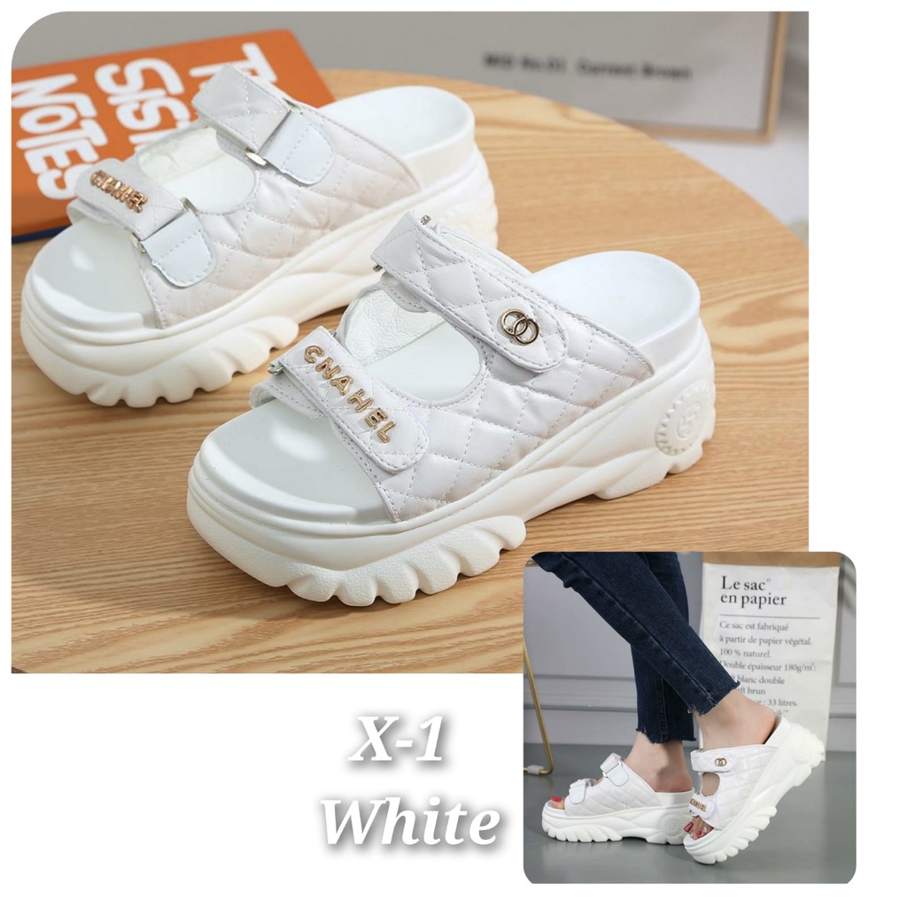 NEW ARRIVAL SEPATU WANITA WEDGES IMPORT KULIT CNAHEL TERMURAH KODE  X-1(SLOP) X-21(TALI BLKG)