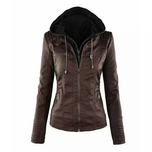 Jaket Semi Kulit Wanita Hoodie/ Sintetis Premium Termurah.