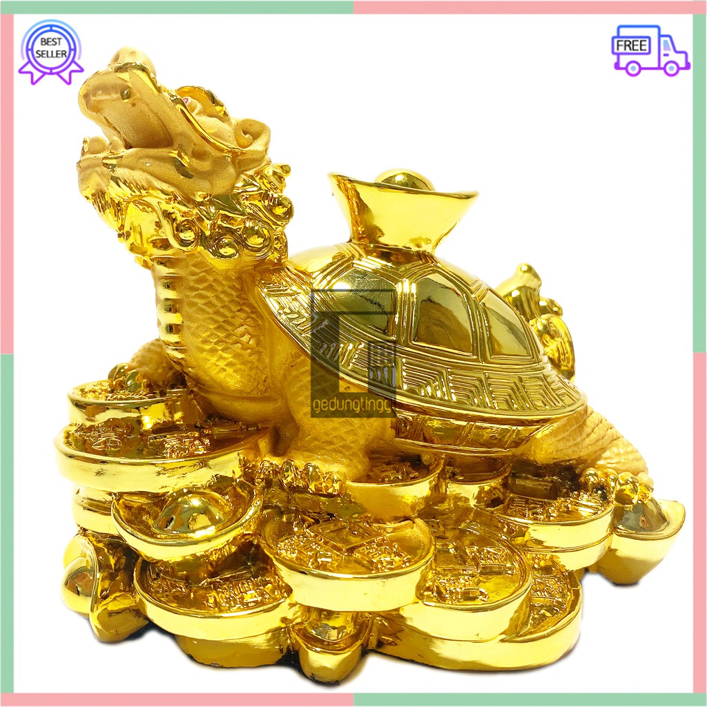 Patung Pajangan Hiasan Dekorasi Kado Hadiah Imlek Sincia Cny 2023 Hewan Kura Kura KuraKura Penyu Turtle Kepala Kaki Shio Sio Naga Dragon Head Lungkui Coin Koin Amulet Hoki Lucky Amulet Rejeki Keberuntungan Feng Shui Gold Emas Kilap Kuningan Kecil Mini