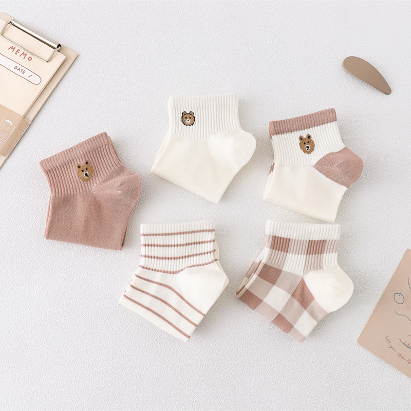 [littlecrab] Kaos Kaki Bear Chocolate Cute Women Socks Import Kaos Kaki Berkualitas Square Brown White Kaos Kaki Beruang Korean Style-4
