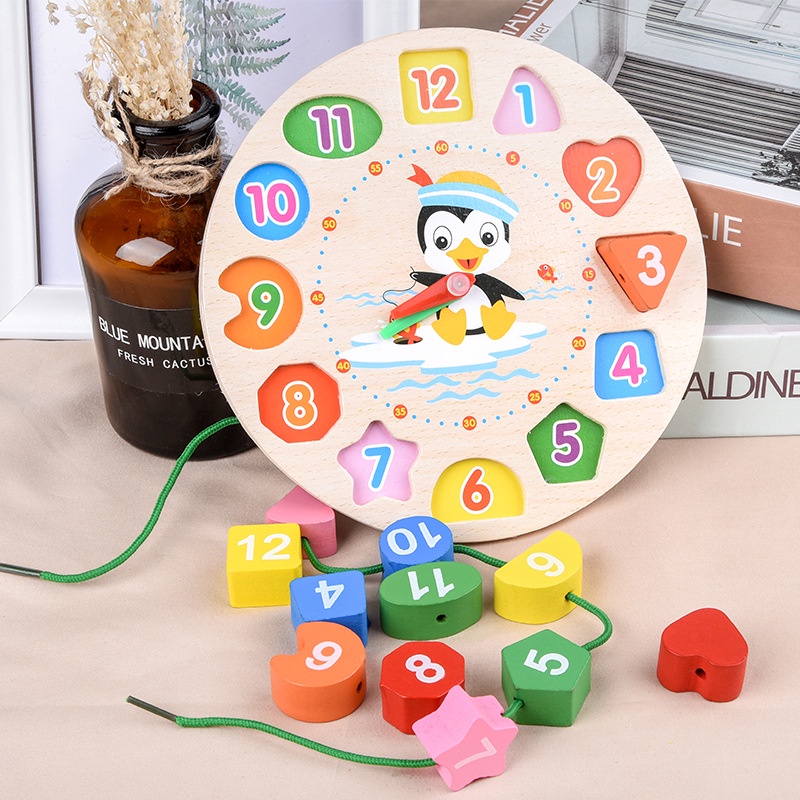 WE Penguin Beaded Clock mainan edukasi jam Penguin dan meronce/ jam kayu / jam geometri/ puzzle bentuk/ mainan kayu