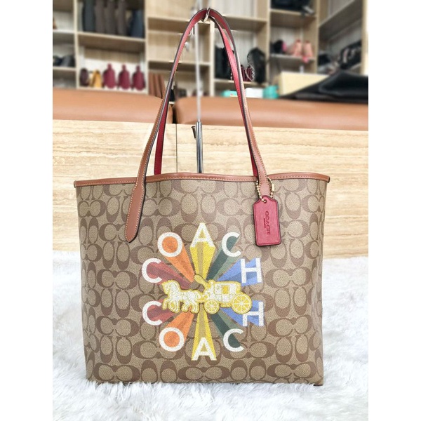 COACH Radial Rainbow Sig City Tote Khaki Multi bag/tas coach ori/coach authentic