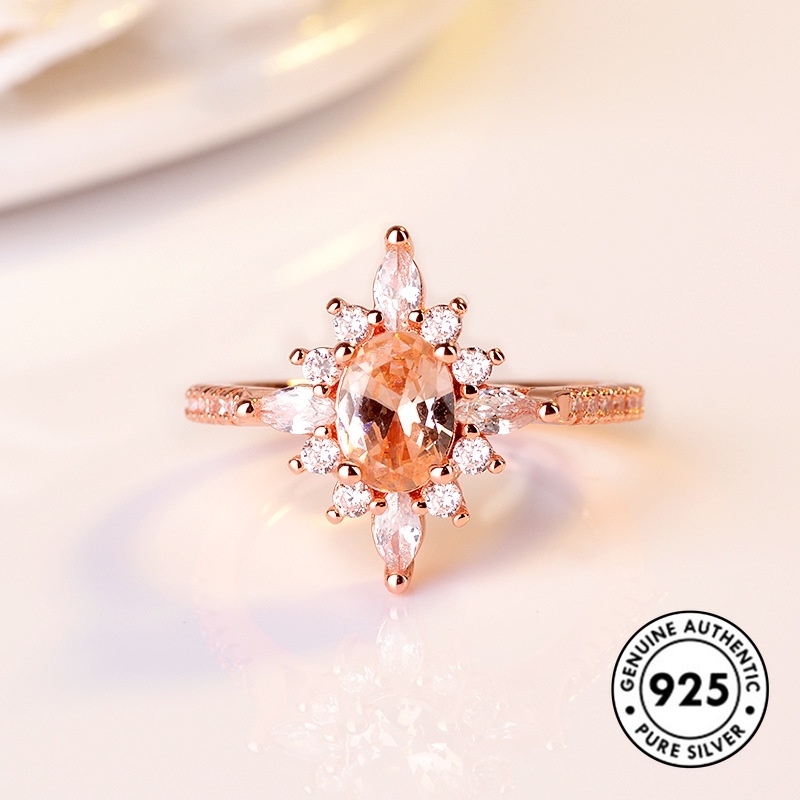 Cincin Berlian Champagne Bahan S925 Silver Warna Rose Gold