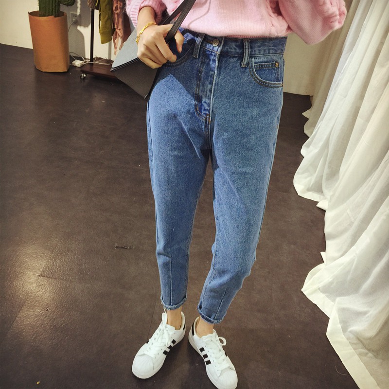  Celana  Panjang Denim  Wanita Model Longgar Warna Biru  Muda  