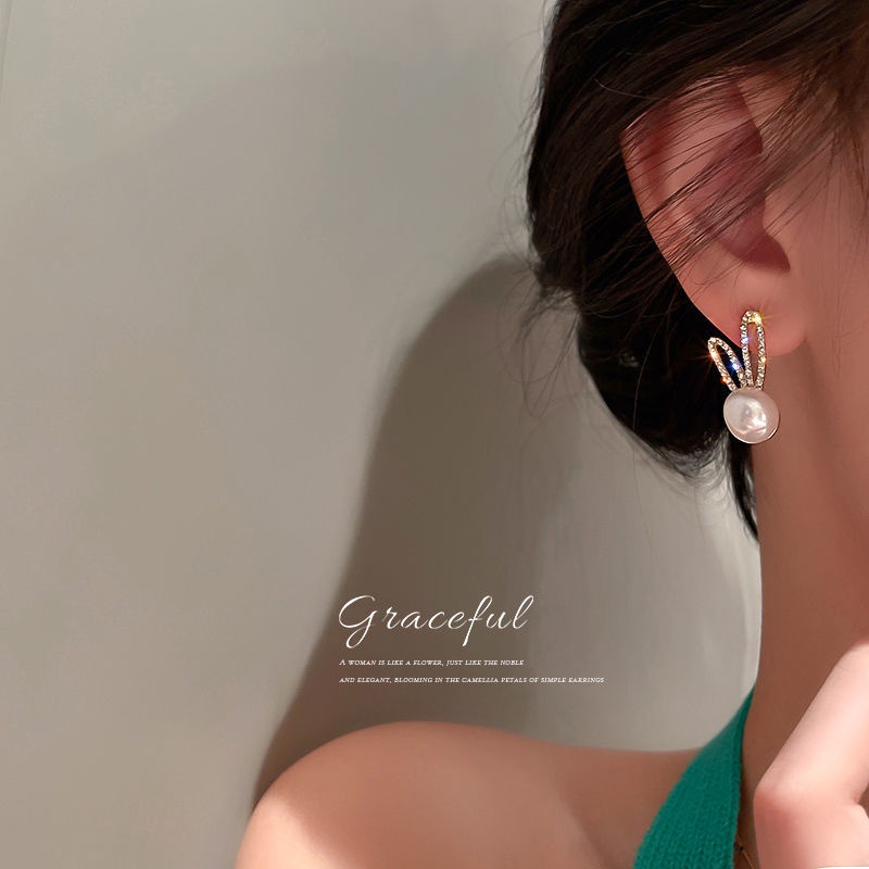 Mutiara Diamond kelinci telinga stud anting-anting perempuan musim panas niche rasa desain anting-an
