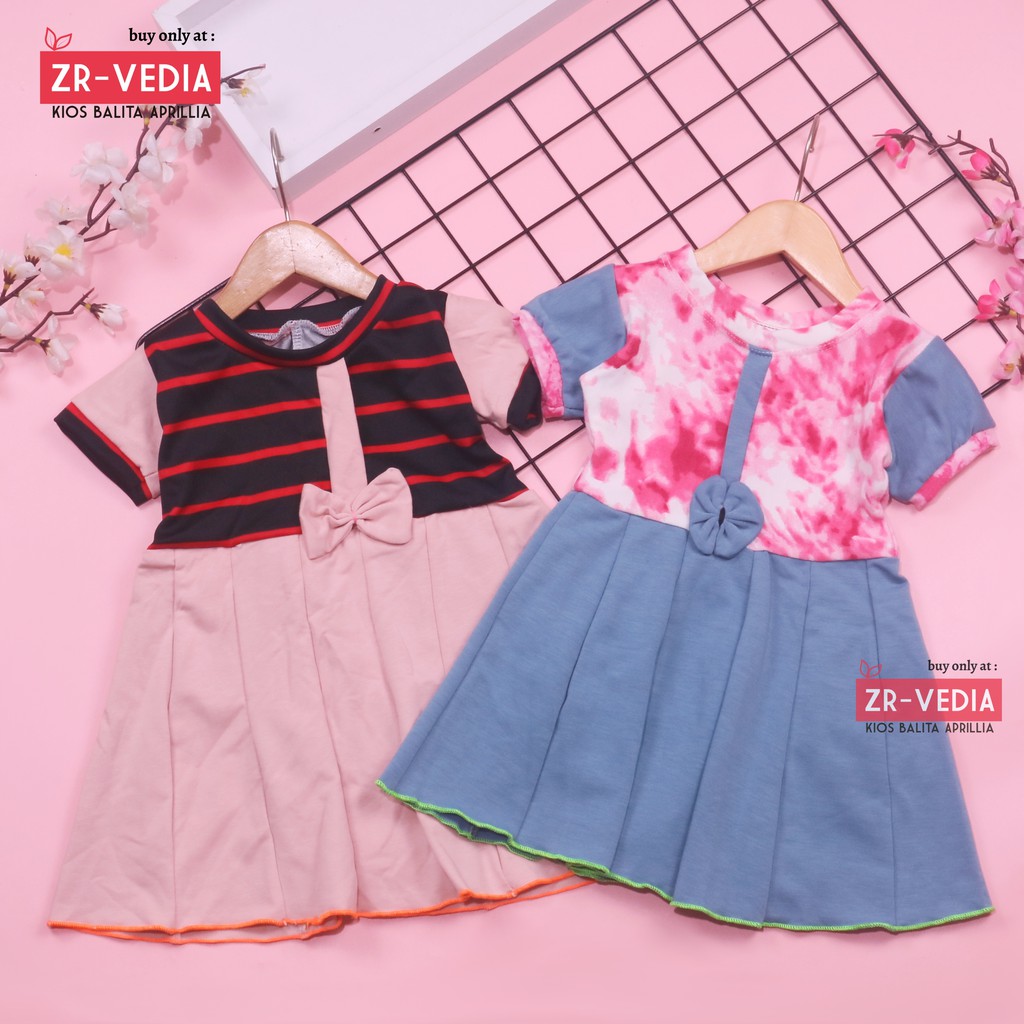 Dress Jasmine size 0-12 Bulan / Dres Bayi Baby Anak Perempuan Baju Lengan Adem Pita Motif Polos ZR-Vedia