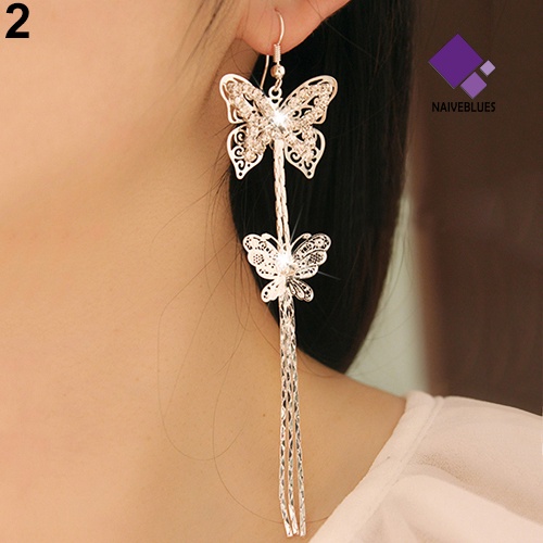 Anting Kait Panjang Double Layer Bentuk Butterfly Aksen Berlian Imitasi Untuk Wanita