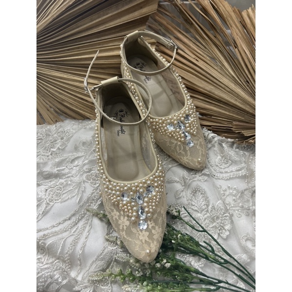 sepatu wedding wanita sayfira cream tali 5cm kaca