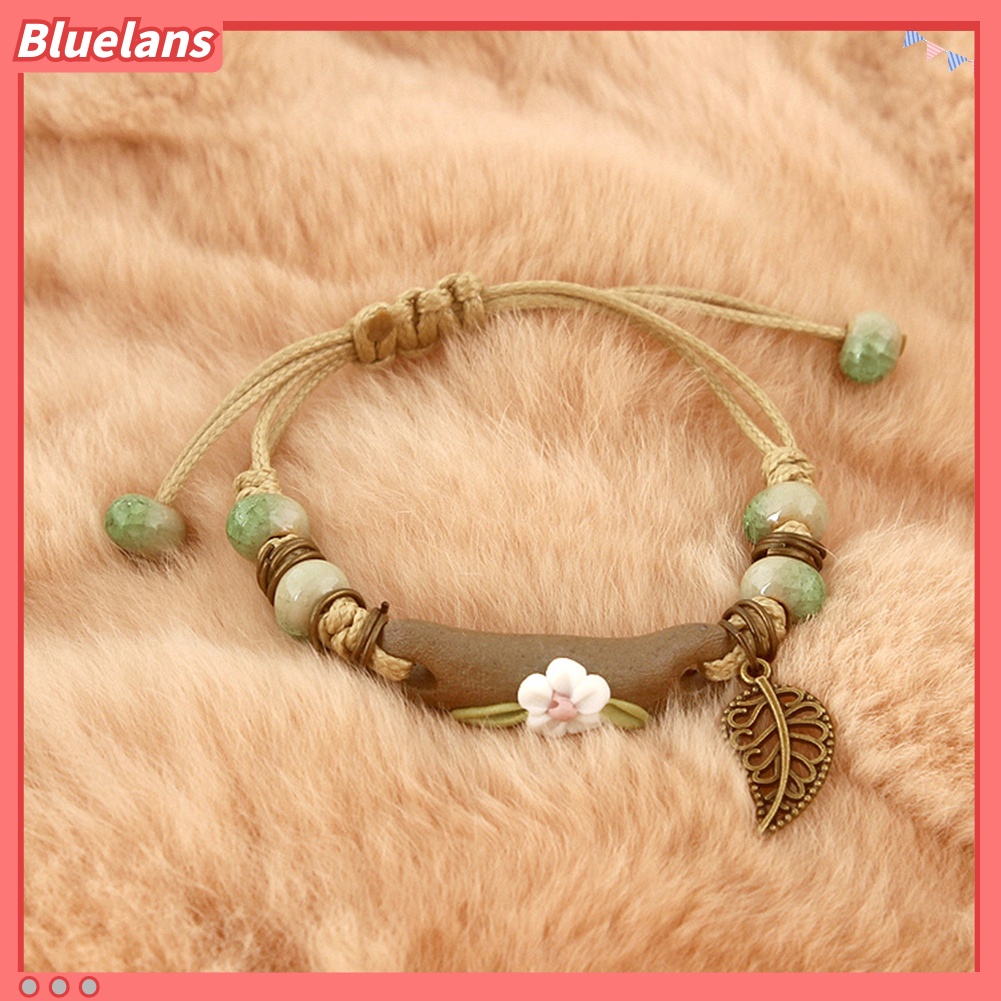 Bluelans Fashion Women Flower Leaf Porcelain Charm Woven Bracelet Adjustable Jewelry Gift