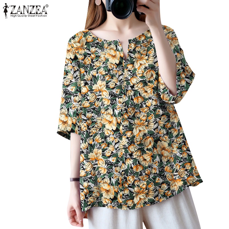 ZANZEA Women Floral Printed Shirts Round Neck Ladies Cocktail Party Blouse