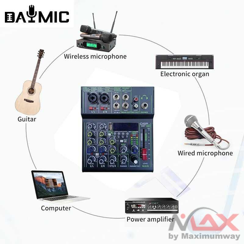 Audio Mixer Studio Professional 4 Channel Bluetooth Karaoke 4 Channel 99 DSP Effects Record Podcast Audio Mixer USB Audio Interface Digital MP3 Computer Input Live Studio Audio Sound Desk System Interface Portable +48V Phantom Power USB Computer Record