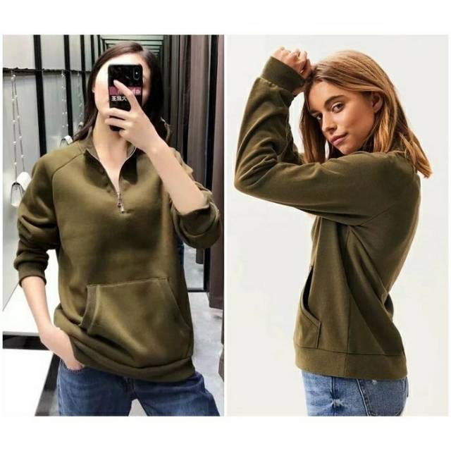 [baju wanita korea]  Sporty Sweater Turtle Neck Army Green Wanita Korea Import