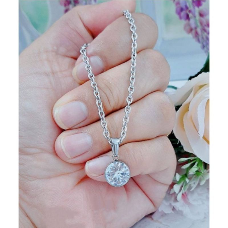 kalung titanium rantai liontin batu permata cantik