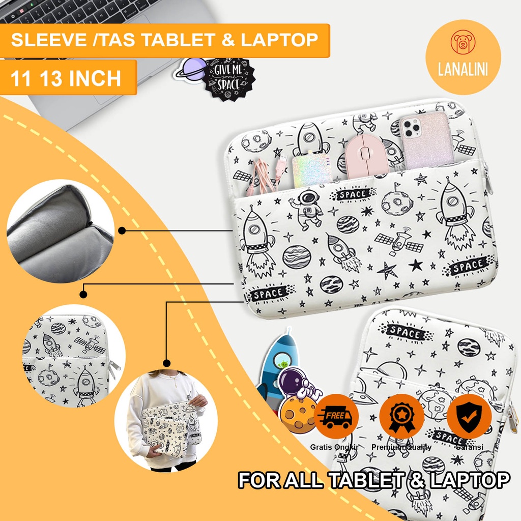 Sleeve Pouch Sarung Tas Bag Case Ipad Tab Tablet Macbook Air Pro Laptop Asus Acer Lenovo HP Huawei 11 12 13 14 15 inch Motif Gambar Galaxy Astronot Lunar Planet Space Warna Putih Hitam Lucu Cute Murah Korean Model Slot Ruang Stationary Organizer