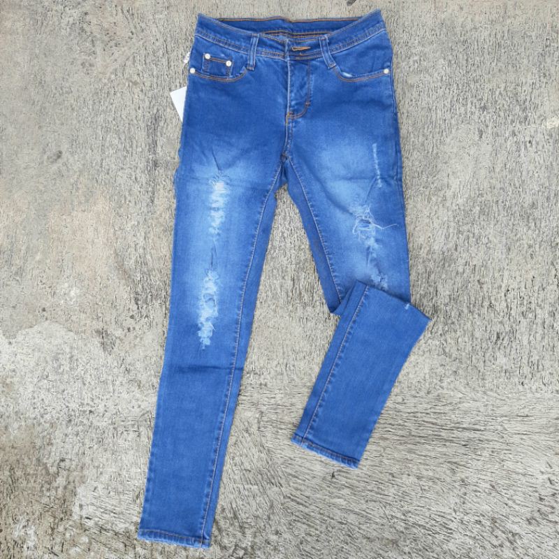 Celana jeans sobek wanita ripped jeans biru skinny streeth