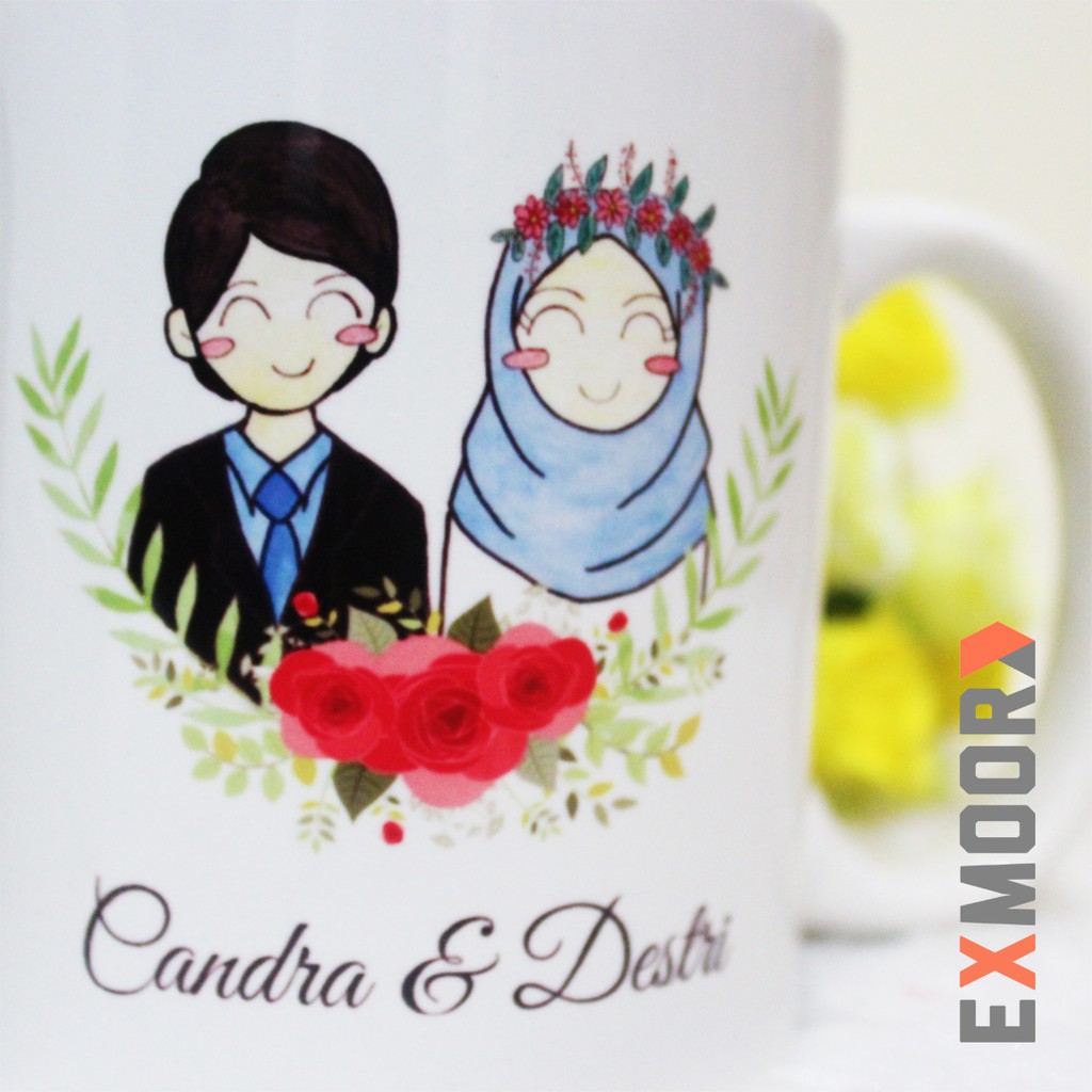 Kado Pernikahan Mug Couple Doodle Pengantin Hijab