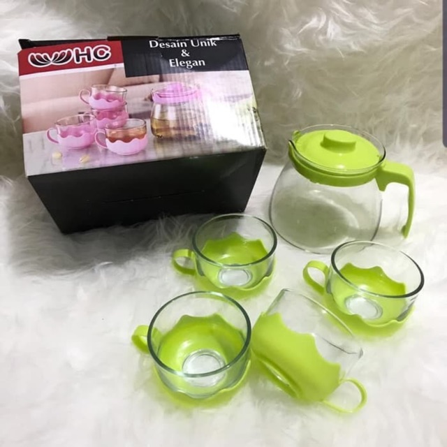 TEA TEH SET 5 IN 1 TEKO + GELAS KACA ANTI SELIP GROSIR TERMURAH