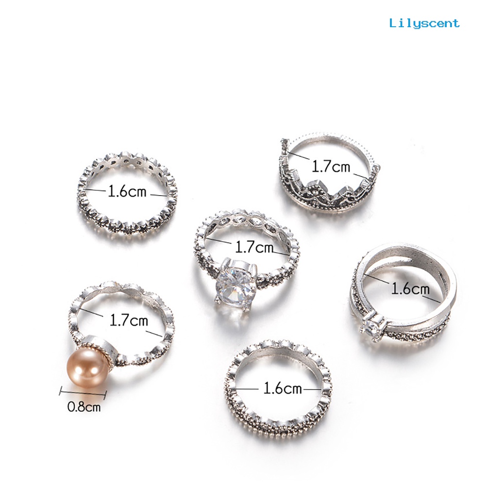 6pcs Cincin Knuckle Midi Model Hollow Bentuk Mahkota Aksen Mutiara Tiruan Bahan Zirkon Gaya Retro Untuk Wanita