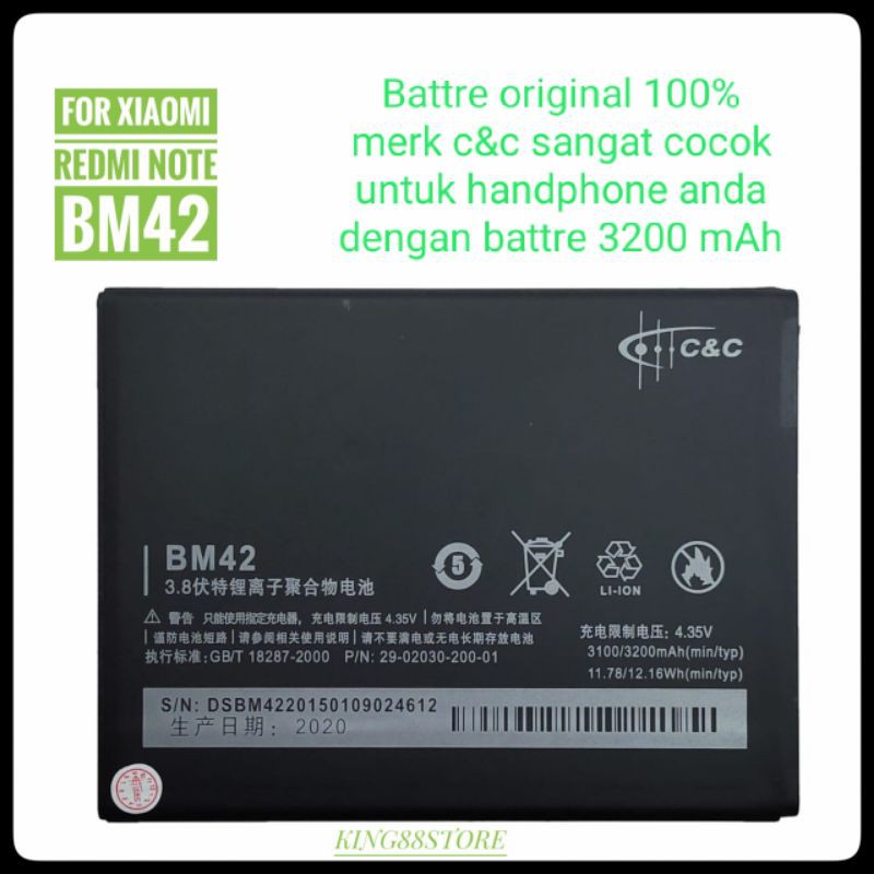 BATTERY BATTERAI BATRE ORIGINAL MERK C&amp;C FOR XIAOMI REDMI NOTE BM42