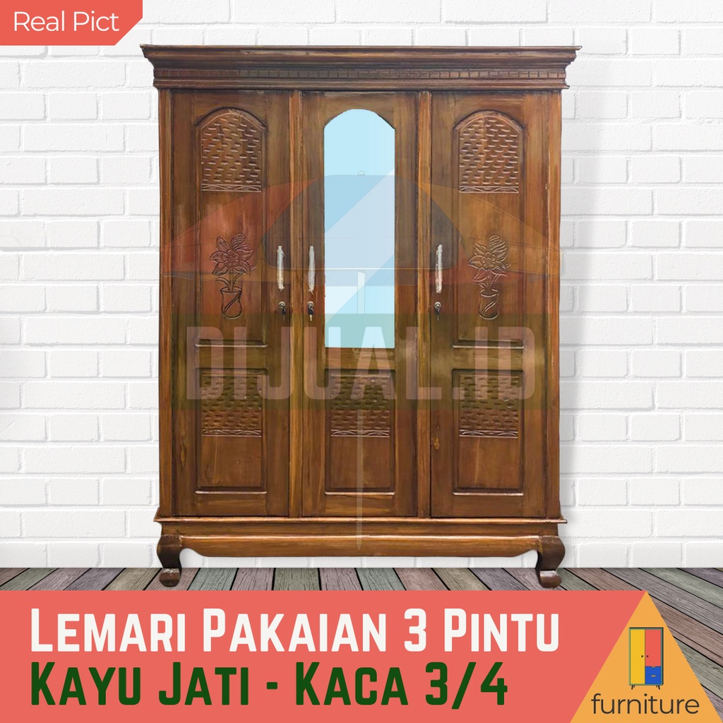 Lemari Pakaian Jati 3 Pintu - Lemari Kayu Jati - Lemari Pakaian - Lemari Jati 3 pintu Kaca Tengah