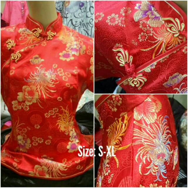 ReStock Qipao Blouse Wanita Motif Kembang Merah