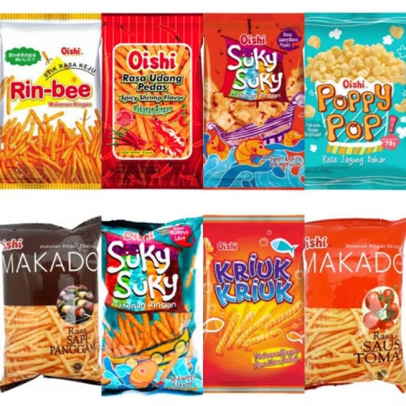 

Snack Oishi - Sponge / Pillow / Makado / Rinbee / Lula / Poppy Pops / Cheese Club / Suky suky / Popcorn