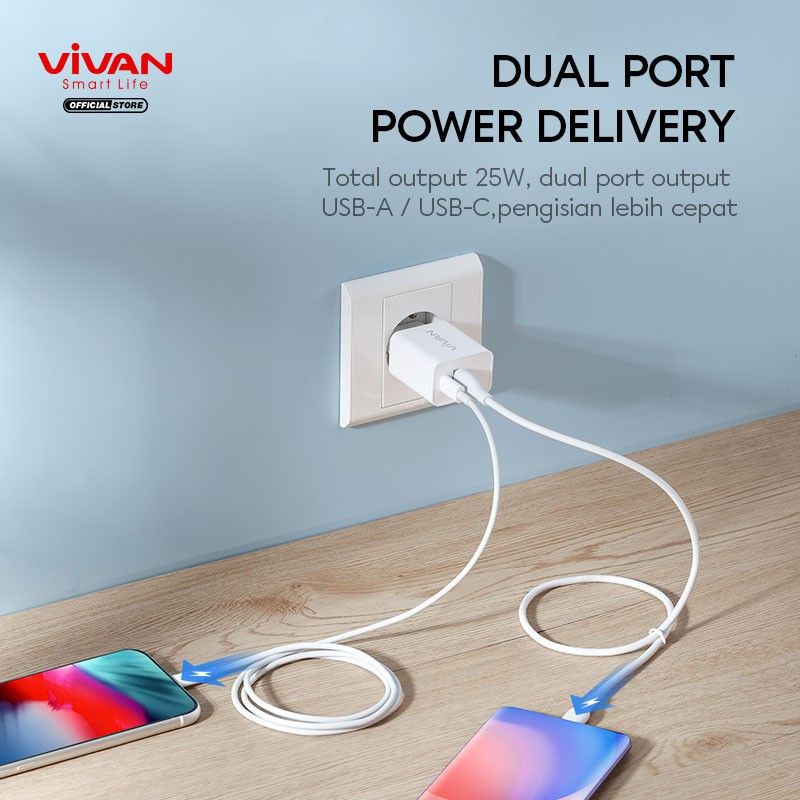 ADAPTOR CHARGER DUAL OUTPUT PD QUICK CHARGE 3.0 3A VIVAN POWER 25