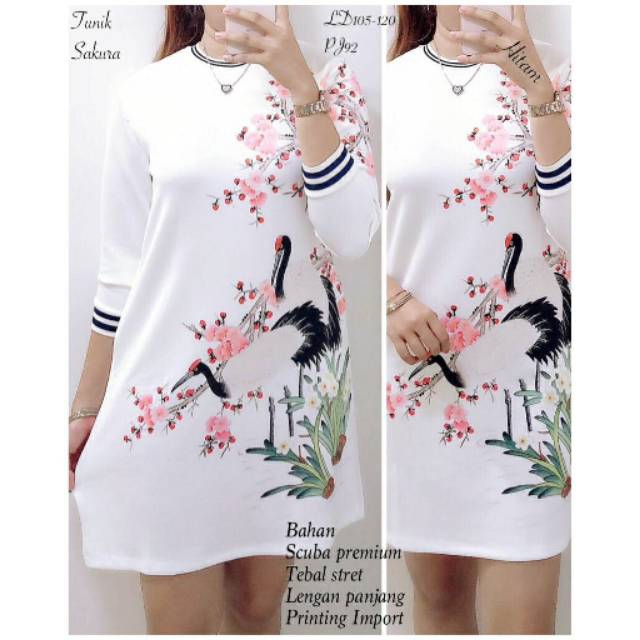 Dres tunik sakura hitam bahan scuba premium tebal stret printing import