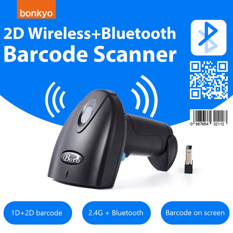 bonkyo 2D Barcode Scanner Laser 2.4G USB Wireless + Bluetooth 80m Connection baterai 2000mAh working 72 jam