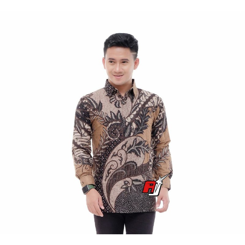 Kemeja Batik Pria Lengan Panjang Motiv KT Coklat Seragam Guru Dan Kantor Bahan Katun Adem Di Pakai Serap keringat