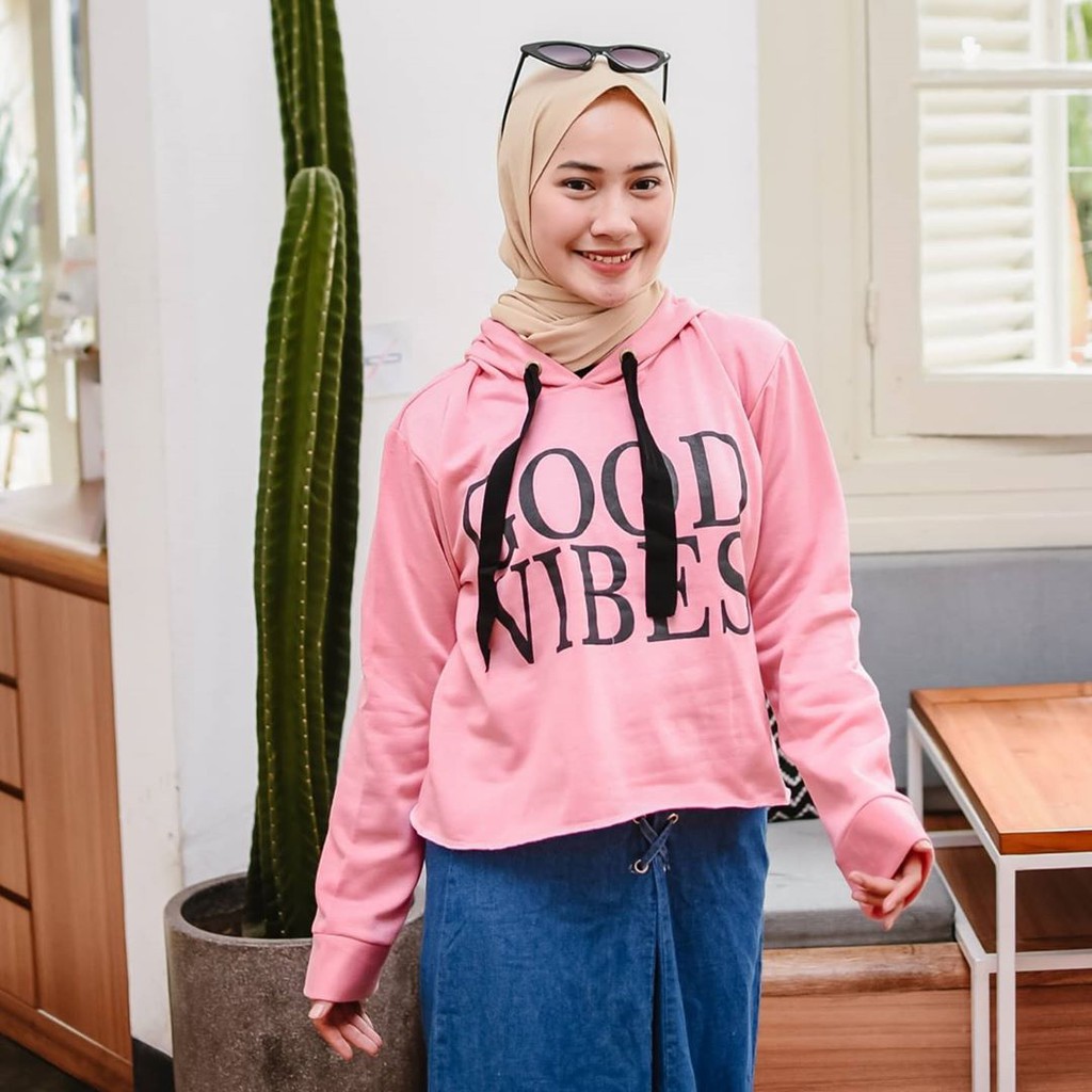 Bess - Sweater Hoodie Crop Murah / Sweater Hoodie Crop GOOD VIBES