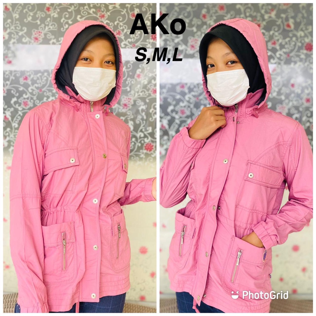 jaket ako parasut pink dua saku